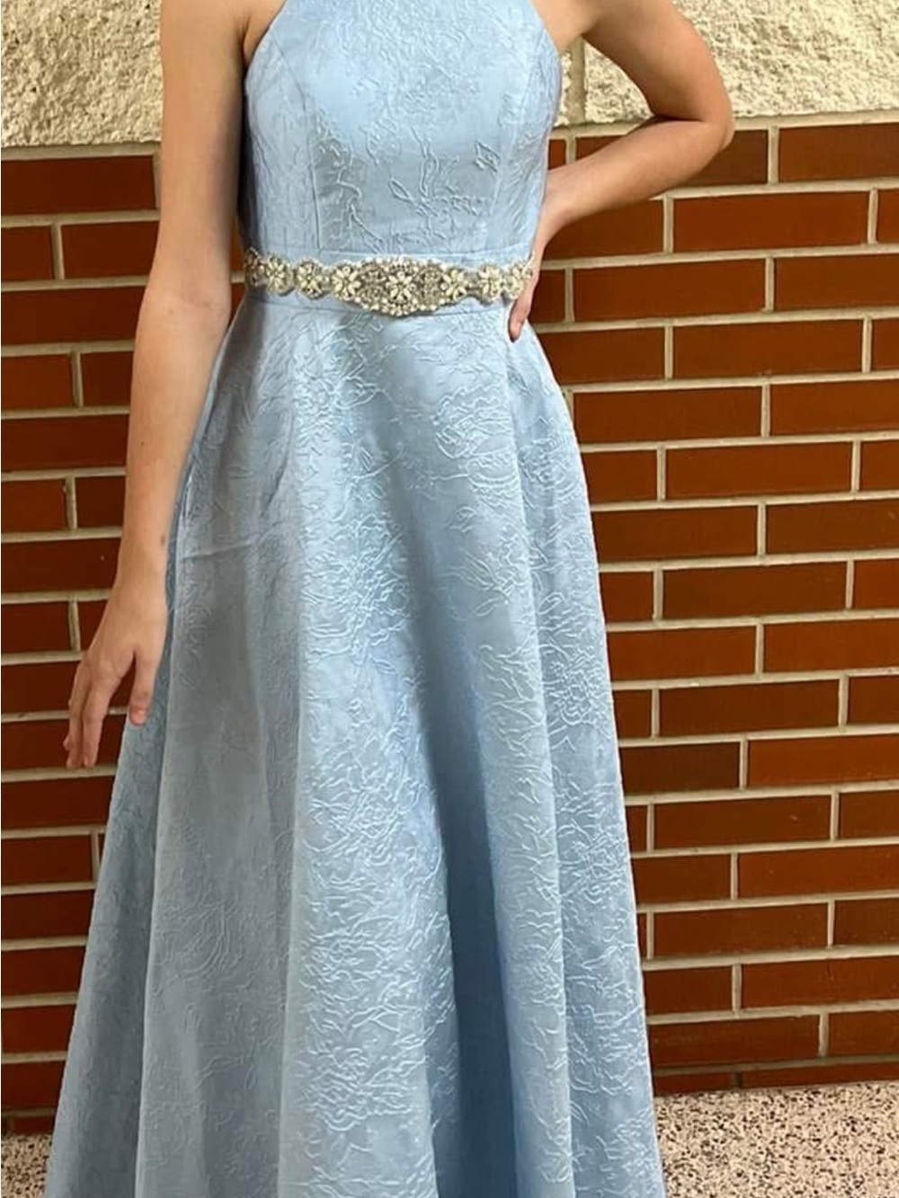 Light Blue Lace Halter Prom Dress with Jeweled Waist